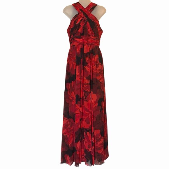 Calvin Klein Dresses & Skirts - Calvin Klein Floral Halter Maxi Dress Chiffon Classic Size 4 Red Black Formal 🌺